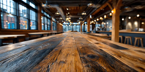 Forward-facing view of a dark wood bar counter inside a well-lit, welcoming brewery, taken at a perfect right angle.