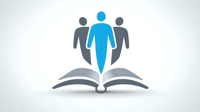 Stylized figures emerging from open book symbolizing education, leadership, and knowledge sharing for business training programs and educational concepts.