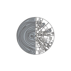 Abstract circular design contrasting organic wood grain patterns with geometric urban or circuit board structures.