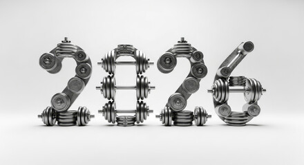 Sleek chrome dumbbells and plates arranged as “2026” on bright white — elegant modern studio still life with generous copy space. Concept: bodybuilding, powerlifting, gym promotions, equipment catalog