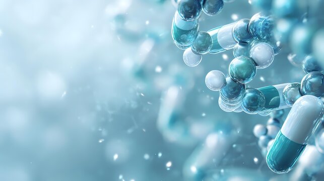 DNA molecule structure with pharmaceutical capsules on blue background, representing genetic medicine and biotechnology research.