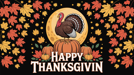 Happy thanksgiving greeting with a cartoon turkey on pumpkins against a moon and autumn leaves background
