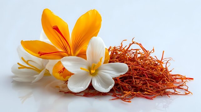 Aromatic saffron threads with yellow crocus and white jasmine flowers on white background, used in culinary photography and spice illustrations.
