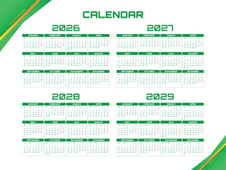 Modern 2026–2029 Four-Year Calendar Template in Green Minimal Design.