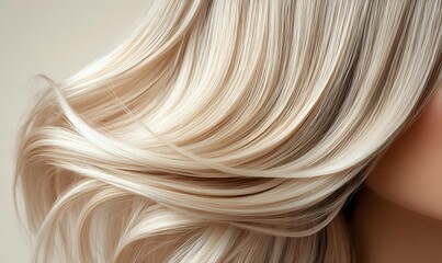 Smooth blonde hair flowing in silky waves, showcasing healthy shine and natural highlights for hair care advertising and beauty industry use.