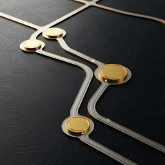 Abstract technology circuit board with gold elements on a dark background.