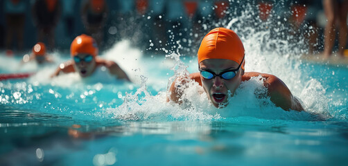 Athlete with orange swim cap, goggles races in swimming pool. Water splashes high during intense competition. Swimmers blurred in background. Person pushes forward with speed, determination, showing