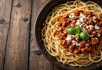 Spaghetti Bolognese on Rustic Wooden Table with Copy Space