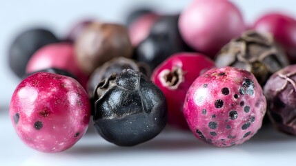 Macro view of fresh mixed berries including pink acai, black elderberry, and purple juniper berries on white background for healthy food concept.