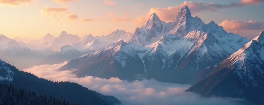 Majestic snow capped mountains pierce soft clouds at sunrise. Jagged peaks rise above misty valleys filled with pine forests. Golden light touches the landscape. Serene natural beauty.