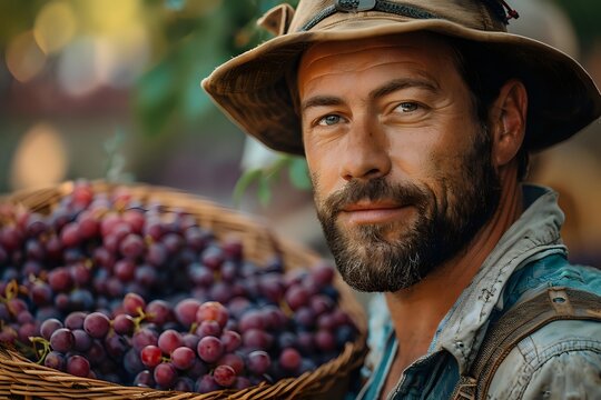 Confident male farmer with beard and hat holding basket of fresh harvested grapes in vineyard with soft bokeh background. - Powered by Adobe