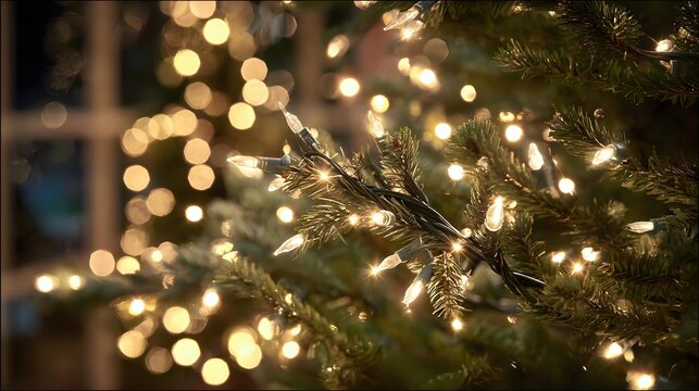 Festive Christmas tree branches with warm glowing fairy lights creating magical bokeh effect in background, perfect for holiday season designs.