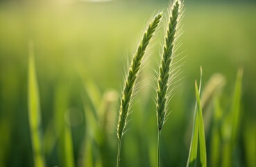Fototapeta premium Two green plant stalks with fuzzy seed heads stand tall in sunny field. Soft golden sunlight backlights plants, making glow against blurry green background. Outdoor meadow scene shows nature