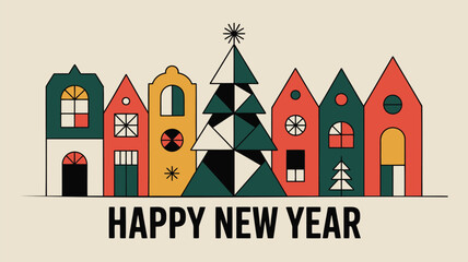 Stylized winter village scene with geometric christmas tree and happy new year text