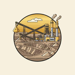 Circular illustration of an open-pit mine with a factory, conveyor belts, and smokestacks.