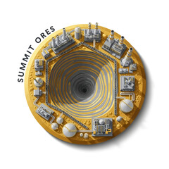 An overhead view of a circular open-pit mine surrounded by industrial buildings and equipment, representing Summit Ores.
