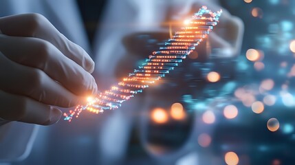 Scientist examining glowing DNA strand with colorful genetic code visualization against blue background with bokeh light effects.