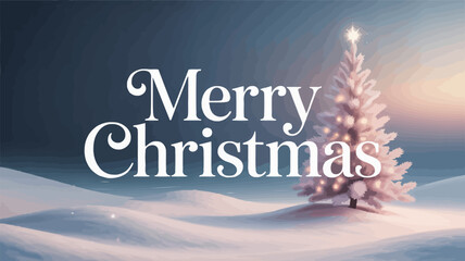 Elegant merry christmas greeting with a beautifully decorated evergreen tree in a snowy winter landscape