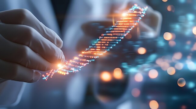 Scientist examining glowing DNA strand with colorful genetic code visualization against blue background with bokeh light effects.