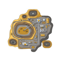 Illustration of an open-pit mine with processing facilities and tailings ponds.