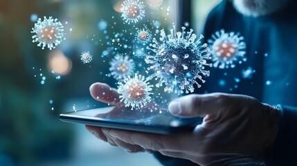 Digital representation of virus particles emerging from a tablet device held by a person, illustrating concept of digital virus spread or health information technology.