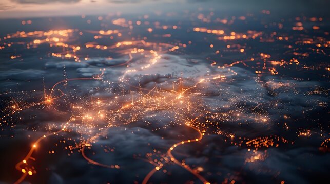 Aerial view of glowing city lights at night through clouds, creating a magical network of illuminated roads and urban areas resembling a circuit board.