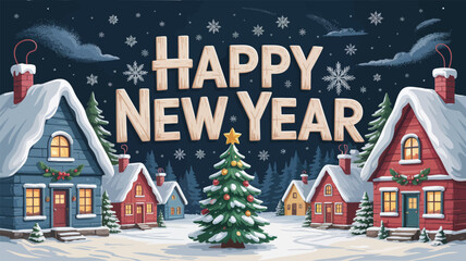 Charming snowy village scene with happy new year text and decorated christmas tree