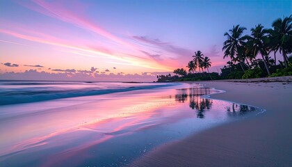 Serene Ocean Beach at Sunset With Palm Trees Silhouetted Against a Pink and Purple Sky and Calm Waves Reflecting the Colors on the Wet Sand