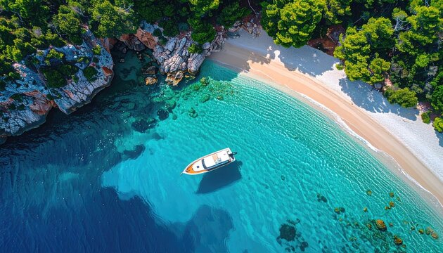 Serene Aerial View of a Tropical Beach Cove with Crystal Clear Turquoise Water and a Small Boat Moored Near Lush Greenery and Rocky Outcrops - Powered by Adobe