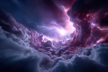 Fototapeta premium Majestic storm clouds illuminated by lightning during twilight in a dramatic sky