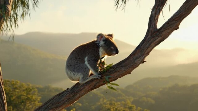 A koala sitting on a tree branch with mountains and trees in the background at golden hour light koala video