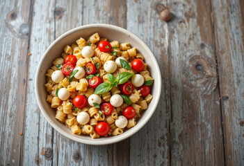 Farfalle Pasta with Tomato and Mozzarella on Rustic Wooden Table with Copy Space