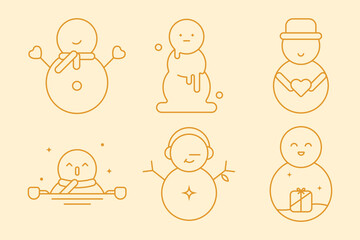 Snowman line icon set in various poses with scarf, hat, gift and Christmas theme, editable stroke vector illustration