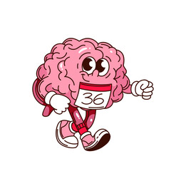 Running brain character with number badge and sneakers, smiling while jogging. Cute groovy cartoon doodle style. Outline vector illustration for sticker, education, motivation, or kids design