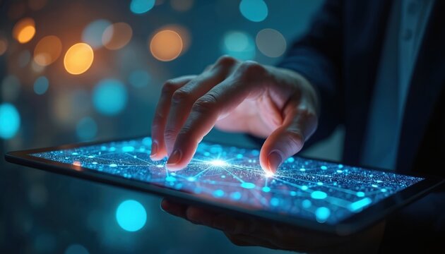 Man in suit holds digital tablet with virtual network interface. Hand interacts with glowing blue connection points. Modern technology, business concept. Futuristic digital landscape on screen. Hands