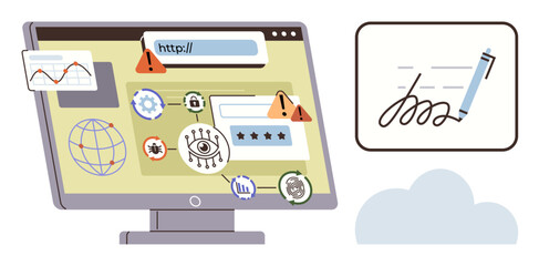 Fototapeta premium Monitor with login form, warning signs, and security icons symbolizing cyber threats, data breaches, and online protection. Ideal for internet safety, encryption, identity theft, digital access user