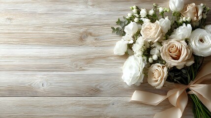Elegant bouquet of white and peach roses with ranunculus tied with satin ribbon on rustic wooden background for wedding or celebration.