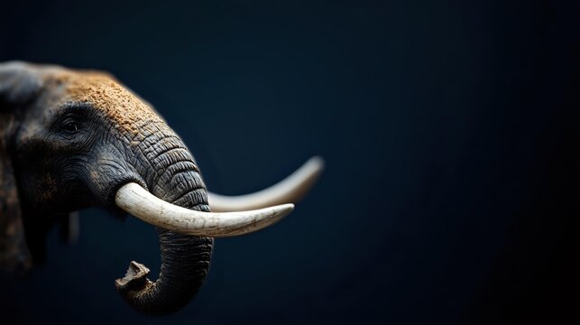African elephant with impressive ivory tusks against dark background, dramatic lighting highlighting textured skin and majestic profile. - Powered by Adobe