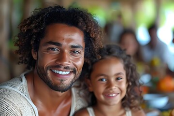 Fototapeta premium Smiling African American father and daughter with curly hair enjoying family time together in warm, blurred restaurant setting.