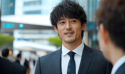 Asian businessman with tousled hair smiling during outdoor meeting in urban business district, wearing formal black suit and tie.