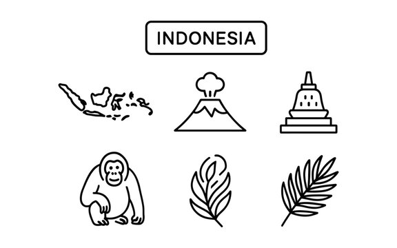 Minimalist outline icons of indonesia's landmarks, nature, and wildlife