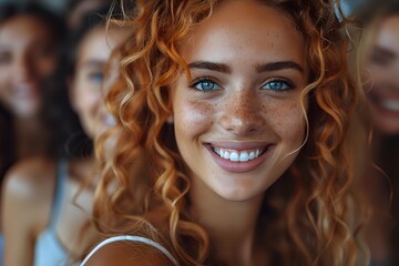 Young woman with curly red hair, freckles and bright blue eyes smiling at camera in crowd. Natural beauty portrait for lifestyle advertising.