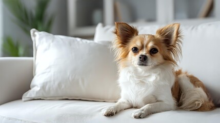 Long-haired Chihuahua dog with brown and white fur relaxing on white sofa in modern living room, looking attentively at camera.