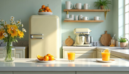 Modern kitchen interior with vintage retro style appliances. Bright natural light shines on fresh orange juice, ripe oranges, flowers. Cozy home decor, clean countertop, yellow fridge, stand mixer