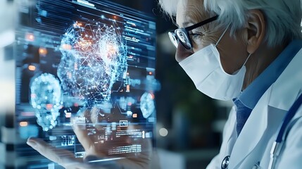 Senior doctor with mask examining digital brain scan hologram in modern medical facility, showcasing advanced neural technology for diagnosis and treatment.