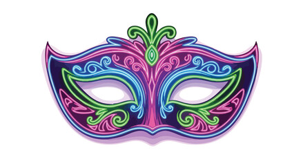 A neon mardi gras mask with purple pink and green lights on a black isolated background image view