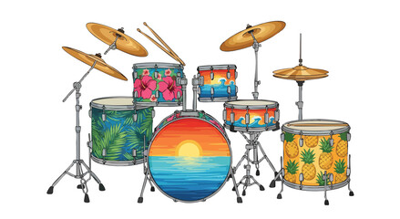 Tropical drum set with hibiscus flowers, pineapples, and sunset ocean design on black background