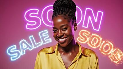 Happy African American woman with neon sale sign and sparkler. - Powered by Adobe