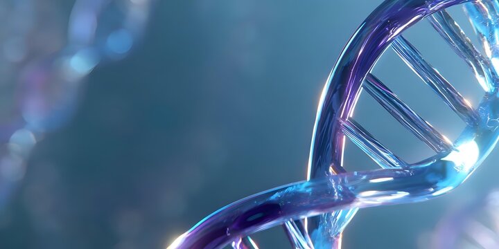DNA double helix structure with blue and purple illumination against blurred scientific background for genetics research and biotechnology applications.