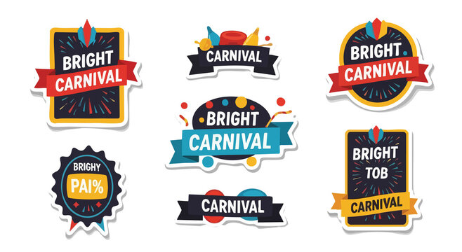 A collection of carnival themed stickers with bright colors on a black background layout design